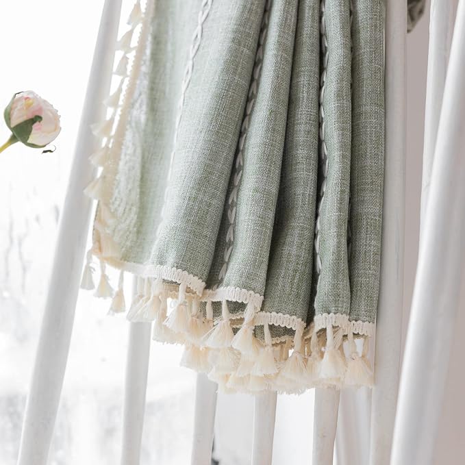 Boho Embroidery Striped Country Farmhouse Curtains - Sage Green Linen - 63 Inch Length, 2 Panels - Light Filtering - Living Room (52" W x 63" L)