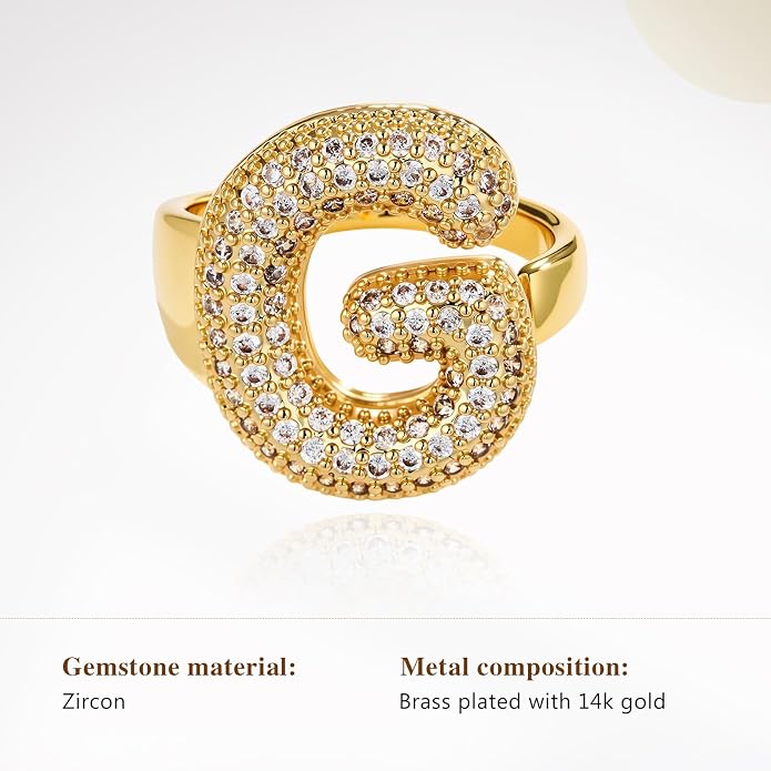 Cicy Bell Initial Rings for Women 14k Gold Plated Cubic Zirconia Delicate Letter Chunky Statement Open Rings Gifts for Her