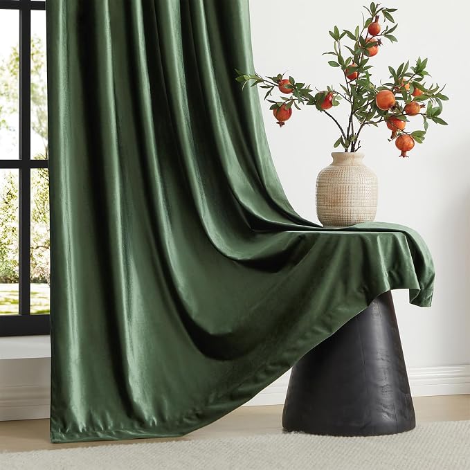 PRIMROSE Emerald Olive Green Velvet Curtains 84 inch Long for Living Room,Set of 2 Panels Blackout Rod Pocket Back Tab Window Treatment Room Darkening Heavy Decorative Curtains Drapes for Bedroom