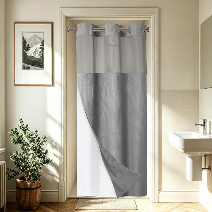 EUTXL Heavyweight Stall No Hook Shower Curtain with Snap in Liner,256GSM Waffle Weave Shower Curtains for Bathroom,36W x 74H,Grey