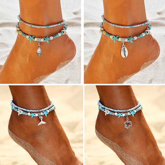 Suyi 5pcs Ankle Bracelets for Women Layered Beach Adjustable Anklets Boho Chain Anklet Foot Jewelry