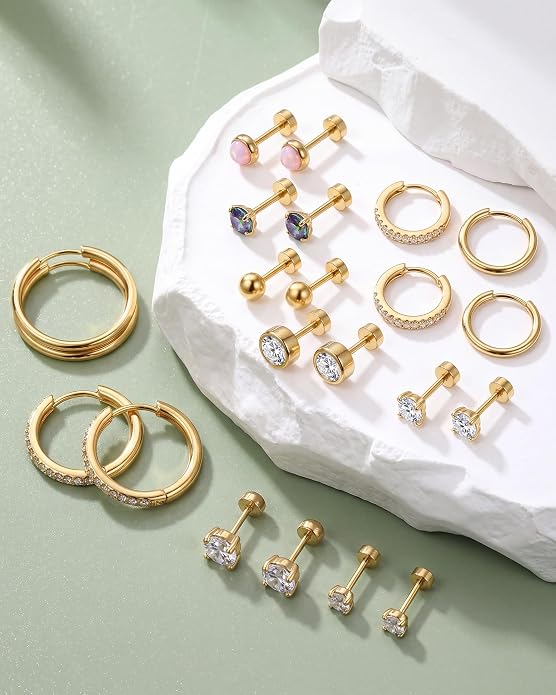 14K Gold Plated Hypoallergenic Earring Stack Set, Surgical Steel Flat Back & Screw Back Studs, Multi‑Size Small Huggie Hoops, Nickel‑Free CZ Pearl Opal Cartilage Earrings, Comfortable Sleeping Piercing Jewelry for Sensitive Ears Women & Men
