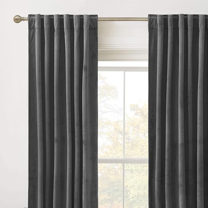 RYB Home Velvet Curtains for Living Room - Super Soft Luxury Back Tap Velvet Textured Window Drapes Room Darkening Thermal Insulated Panels for Bedroom Home Office, Grey, W52 x L96 inches, 2 Pieces