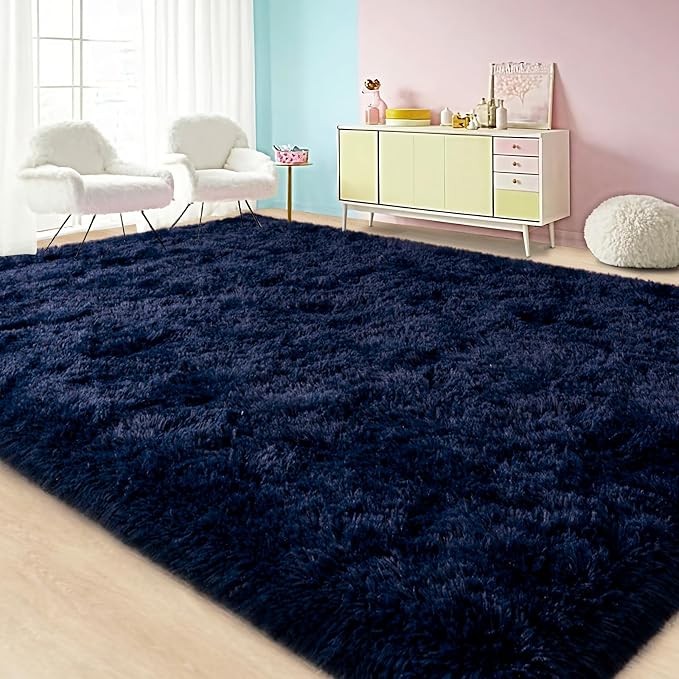 Large Area Rugs for Living Room Bedroom 8x10 Navy Blue Shag Rugs | Ultra Soft Fluffy Shaggy Plush Fuzzy Modern Indoor Throw Floor Carpet for Kids Girls Boys Dorm Nursery Home Decor Aesthetic