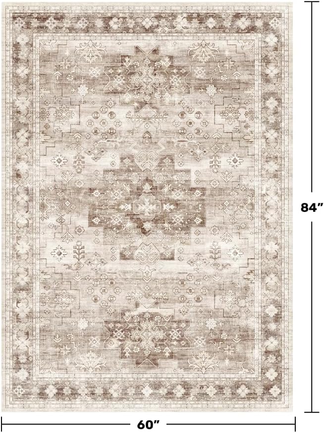 Hazo Haus Washable Neutral Farmhouse Living Room Rug, 5x7 Area Rugs for Bedroom, Nursery Room, Boho Vintage Floral Non-Slip Rug Low Pile Stain Resistant (5x7 Beige/Latte)