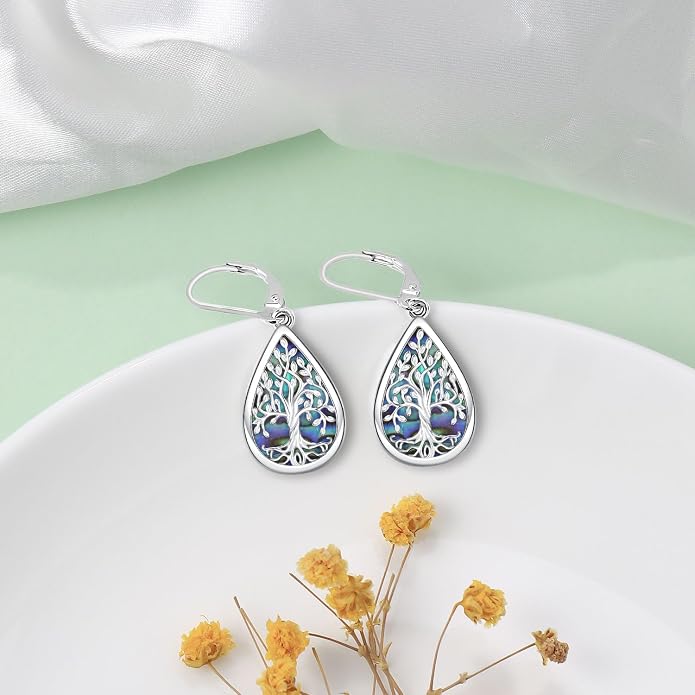 Odinstone 925 Sterling Silver Earrings Tree of Life Teardrop Moonstone Dangle Drop Leverback Earrings for Women