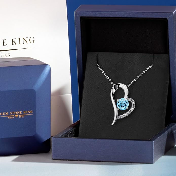 Gem Stone King Heart Shape Pendant Necklace For Women | 925 Sterling Silver | 6MM Round Gemstone Birthstone | Heart Necklace For Women | With 18 Inch Silver Chain