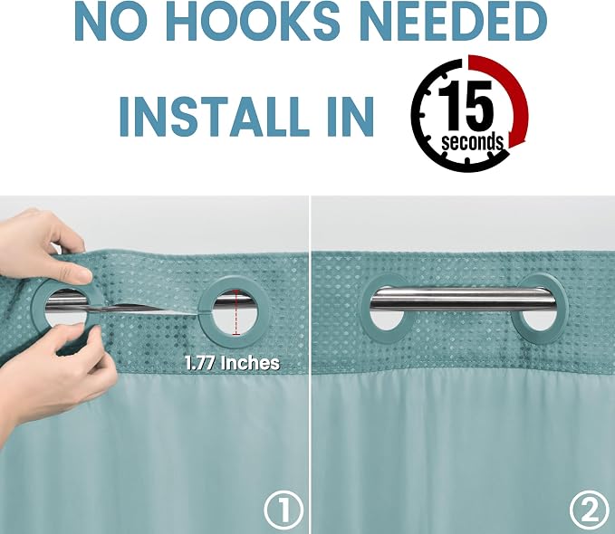 EUTXL Heavyweight Teal Long No Hook Shower Curtain with Snap in Liner,256GSM Waffle Weave Shower Curtains for Bathroom,71W x 86H