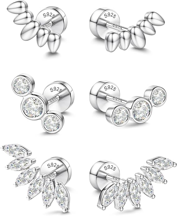 14K Gold Plated Solid 925 Sterling Silver Post Flat Back Earrings Stud | Cartilage Helix Conch Tragus Piercing Jewelry 3 Pairs Tiny Screw Dainty CZ Opal Earring Set Men Women