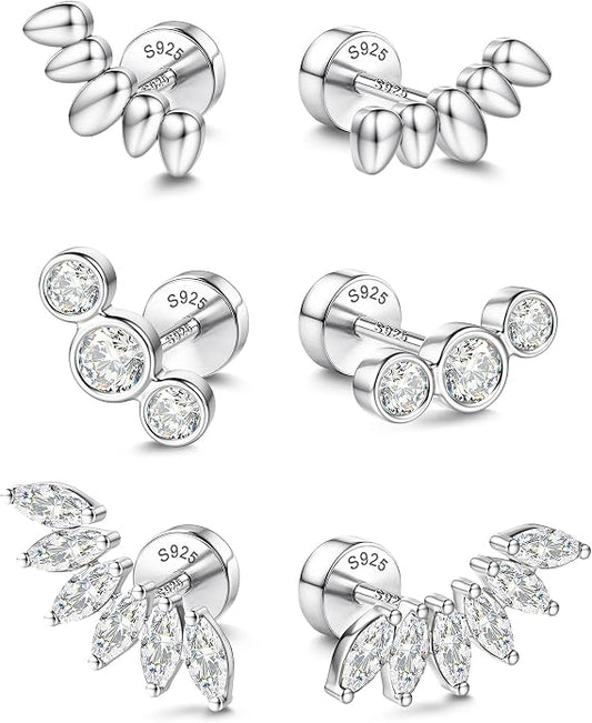 14K Gold Plated Solid 925 Sterling Silver Post Flat Back Earrings Stud | Cartilage Helix Conch Tragus Piercing Jewelry 3 Pairs Tiny Screw Dainty CZ Opal Earring Set Men Women