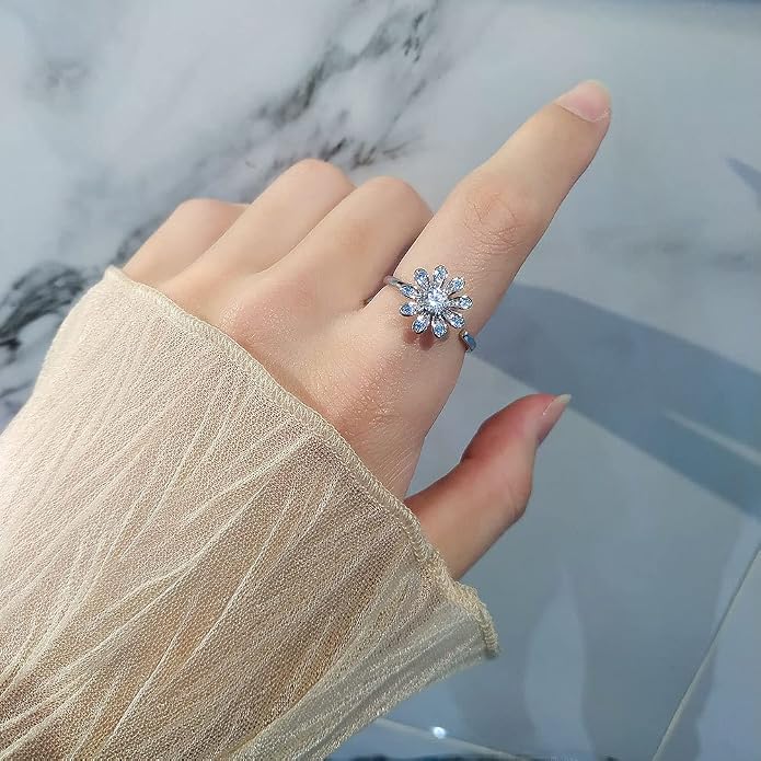 Fidget Ring Anxiety Spinner Ring Open Adjustable Sunflower Star Moon Windmill Butterfly Rings Daisy Stress Relieving Fidget Women Cubic Zirconia Anti Stress Mood Rotate Inspirations Jewelry