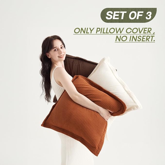 COCO TOP Set of 3 Vintage Big Pillow Covers 24x24inch, Super Soft Striped Corduroy Boho Large Cushion Cases, Ideal for Spacious Living Areas & Bedrooms & Farmhouse（Earthy Brown, Rust & Cream）
