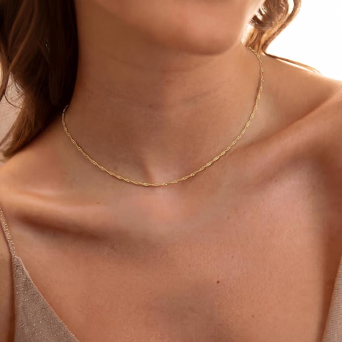 Tewiky Gold Chain Necklace for Women, 14k Gold Plated Thin Beaded Wave Box Necklace Dainty Simple Layered Choker Minimalist Link Chain Necklace Trendy Jewelry for Women