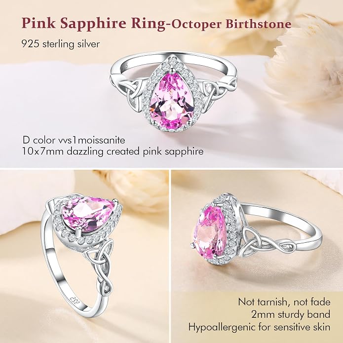 DAYBYDAY Celtic Birthstone Rings for Women 925 Sterling Silver Heart/Round/Pear/Oval Created Gemstone Moissanite Halo Engagement Promise Rings for Her Wife Birthday Anniversary Wedding Jewelry