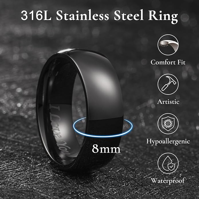 King Will 316L Stainless Steel Wedding Band for Men Women-2-8mm Width Wedding Ring in Black/Sliver/Gold Plated Laser I Love You High Polished Dome Style Promise Ring Comfort Fit Size 4-15