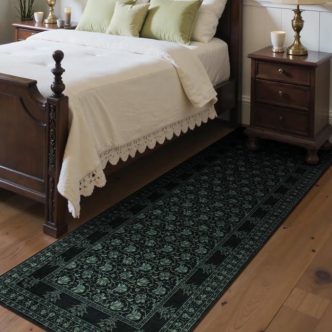 Lahome Black Kitchen Runner 2.5x8, Machine Washable Runners for Hallways, Vintage Floral Carpet Runners for Bedroom Laundry Room High Traffic (2'6"x8', Black/Green)
