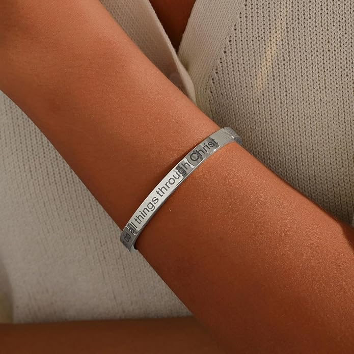 Inspirational Christian Bracelet for Women, Oval Engraved Bible Verse Love Bangle Cuff, Faith Scripture Jewelry, Religious Encouragement Gift for Mom Daughter Sister Friend