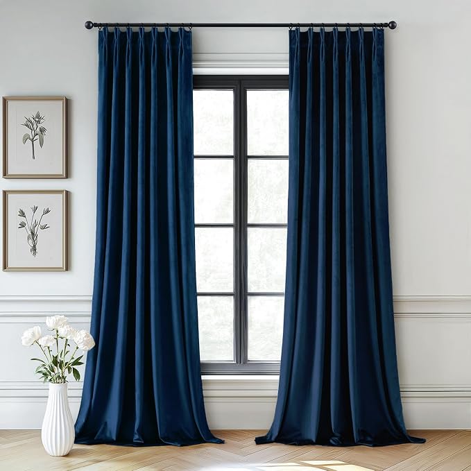 MIULEE Navy Blue Velvet Curtains 90 inches Long, Pinch Pleated Blackout Drapes with Hooks, Thermal Insulated Pinch Pleat Panels for Bedroom Living Room, 2 Panels