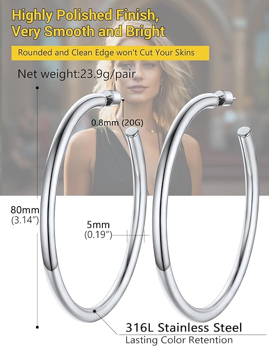 Stainless Steel Chunky Hoop Earrings For Women, Minimalist and Chic, Black/Gold Plated, Round Hoops Earrings Hypoallergenic, Size: 30mm/40mm/60mm/80mm, Come with Box