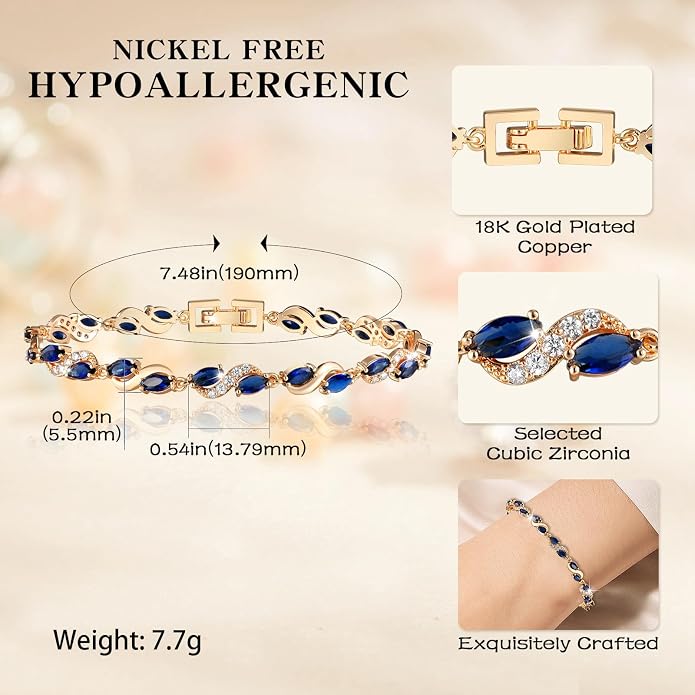 Richapex Diamond Tennis Bracelet for Women, Eternity Bracelet Blue Cubic Zirconia, Sapphire Bracelet, 18K Gold Plated Hypoallergenic Bracelets -7.48inch/190mm