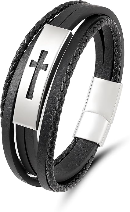 Mens Leather Cross Bracelet Multilayer Braided Wristband Bangle Bracelets with Stainless Steel Buckle Religious Gift for Men Brown/Black/Blue–8.3 inch