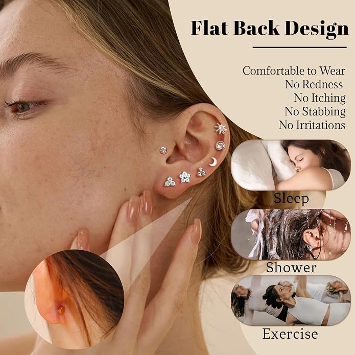 Senteria 6/8 Pairs Stainless Steel Stud Earrings for Women Hypoallergenic Flat Back Stud Earrings Tiny Stainless Steel Earring Small Cartilage Earring Set for Multiple Piercing