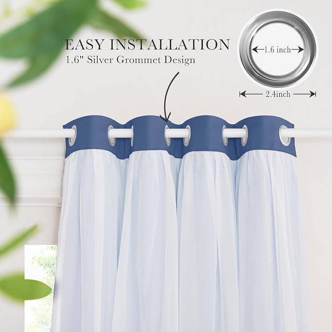 PONY DANCE Sheer Blackout Curtains - Thermal Insulated Double Layered Drapes for Bedroom Dining Room, Cortinas para Sala, 52 Wide by 63 Long, Blue Haze, 2 PCs