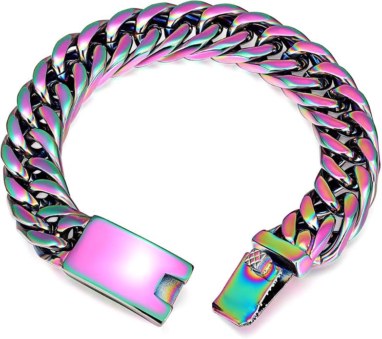 ROWIN&CO Stainless Steel Cuban Link Bracelet for Men Metal Wrist Bracelets Black/18K Gold Plated/Rainbow Wristchain for Male Women, Hip hop Jewelry Thick Bracelet Chain, W: 16mm, L: 8"/8.5"/ 9.5"