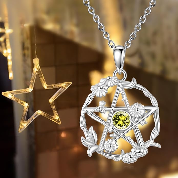 Birthstone Pentagram Necklace for Women 925 Sterling Silver Pentacle Daisy Pendant Pentacle Jewelry Birthday Gifts