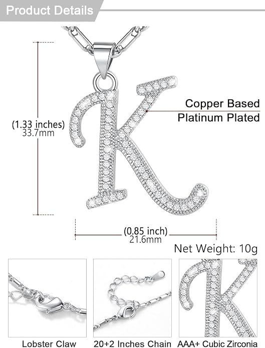 U7 Initial Necklace for Women, Gold/Platinum Plated CZ Crystal Letter A-Z Pendant Necklace, Shiny 20 Inch Name Chain Dainty Personalized Jewelry for Men Mom Wife Friend