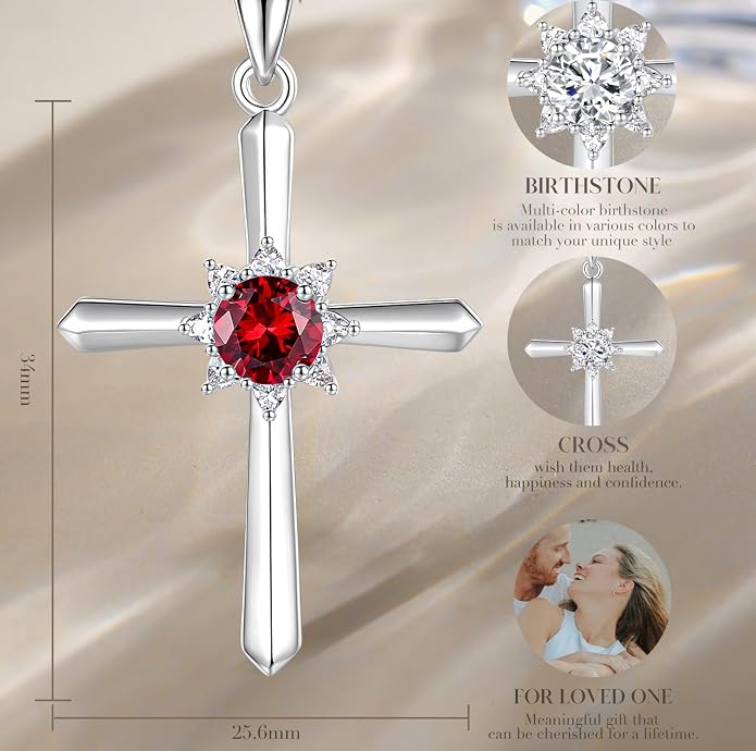 FANCIME Birthstone Cross Necklace for Women Sterling Silver Birthstone Necklace Halo Infinity Cross Pendant Necklace Fine Jewelry Valentines Day Gifts Birthday Holiday Gifts for Her, 16"+2" Inches