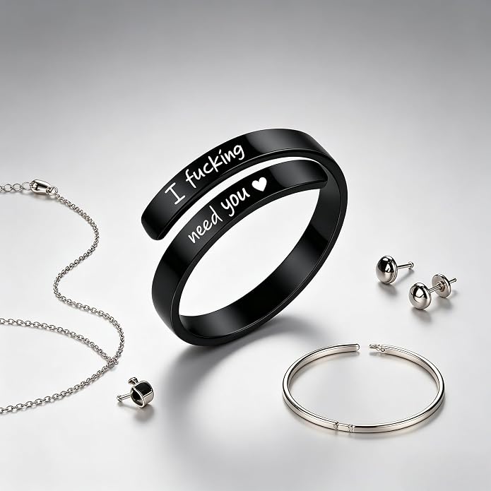 I Fcking Love You Ring, Stainless Steel Engraved Inspirational Words Heart Open Adults Women Vintage Promise Rings Lover Wife Jewelry