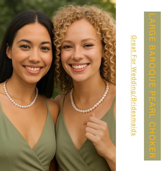Natural Freshwater Baroque Pearl Necklace 14K Gold Plated Dainty Choker Necklace for Women Girls Snake Chain/Cuban Link/Paperclip/Ball Beaded Chain/Tennis Chain Fashion Jewelry for Gift
