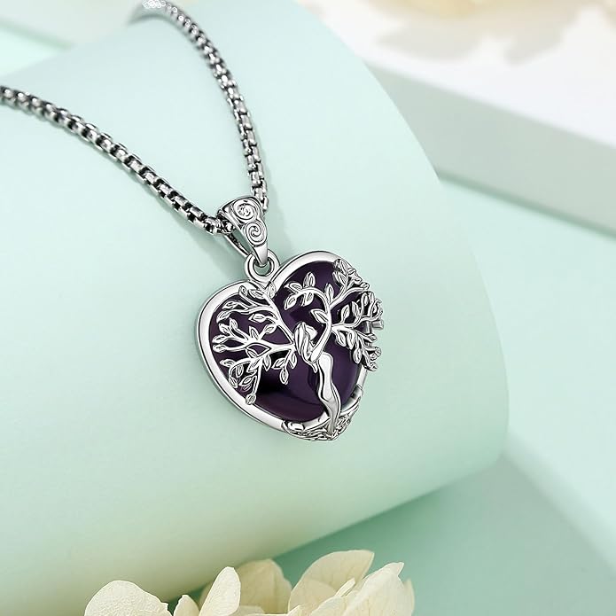 EUDORA Tree of Life Necklace with Moonstone Amethyst Obsidian Turquoise Healing Crystal for Women, Silver Plated Copper Mother Tree of Life Pendant Amulet Energy Jewelry, Gift for Women Mom, 20"+2"
