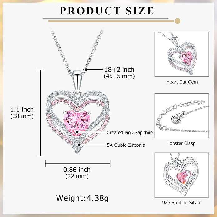 Anniversary Charm Necklace, Sterling Silver 14K Gold Plated Chain with Interlocking Heart Pendant Elegant Birthstone Necklaces for Women, Length 18"
