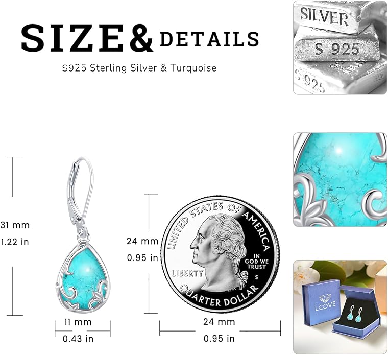 Dangle Earrings Sterling Silver Moonstone/Turquoise/CZ/Crystal Earrings for Women Tree of Life Animal Filigree Leverback Earrings Jewelry Gifts
