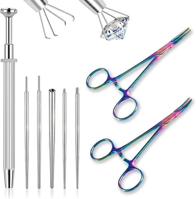ONESING 2Pcs Piercing Ball Grabber Tool for Changing Jewelry, Stianless Steel Flat Back Earring Applicator Internally Threaded Push Pin Piercing Grabber Tool, Anti Slip 4 Claw Gem Ball Grabber Tool