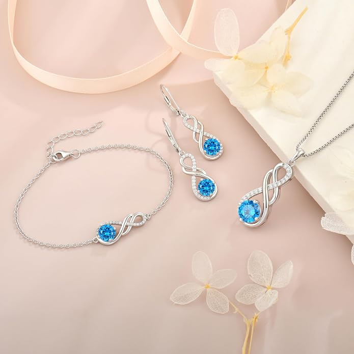 Gemstone Infinity Pendant Necklaces for Women, S925 Sterling Silver Round cut Zircon Necklace Birthstone Jewelry Gift for Her