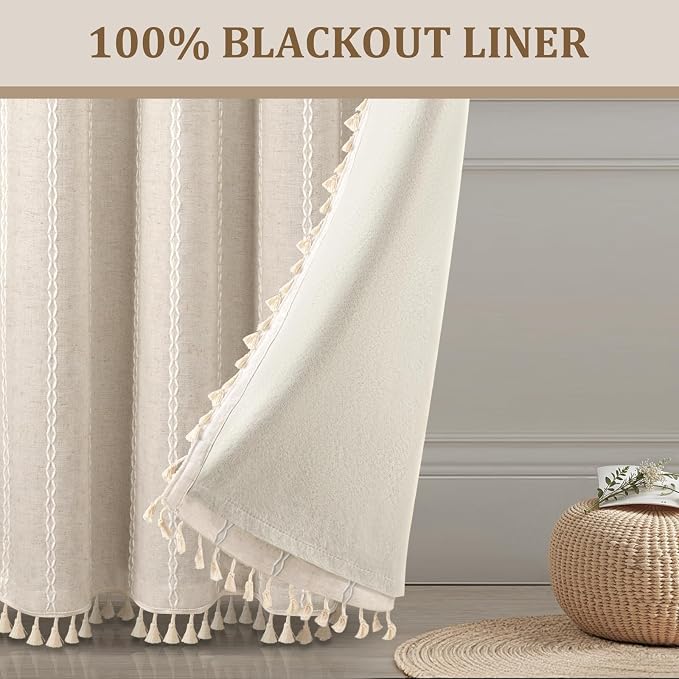 Cream Boho Blackout Curtains 2 Panels 63 Inch for Living Room Bedroom, Beige Linen Texture Farmhouse Curtains with Tassels and Cotton Embroidery Vintage Rustic Western Rod Pocket