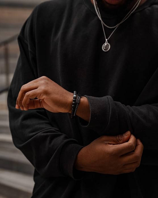 Forge & Foundry Men’s Matte Black Solid Onyx Beaded Bracelet | 10mm, 8mm, 6mm Bead Size Options | Signature Stainless Steel Engraved Bead | Andalus