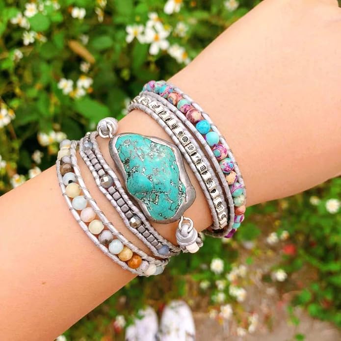 Boho Wrap Bracelet for Women, Handmade Natural Imperial Jasper Multi-Layer Stone Beaded Bracelet, Bohemian Healing Crystal Stone Jewelry Gifts