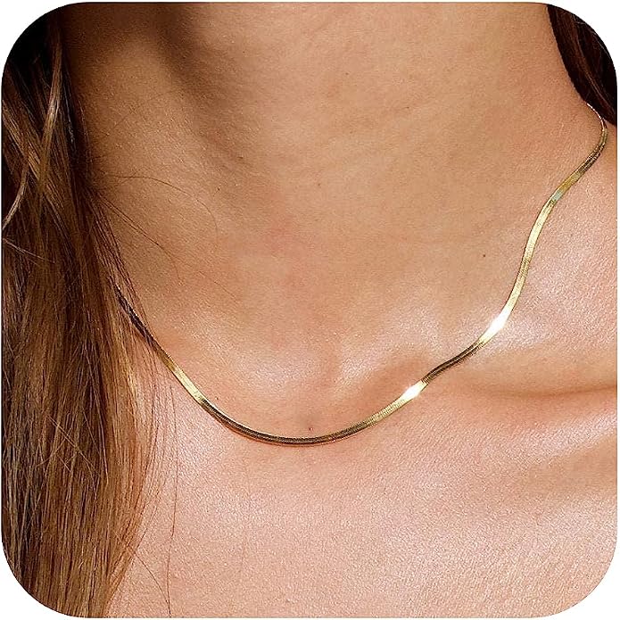 Tewiky Gold Chain Necklace for Women, 14k Gold Plated Thin Beaded Wave Box Necklace Dainty Simple Layered Choker Minimalist Link Chain Necklace Trendy Jewelry for Women
