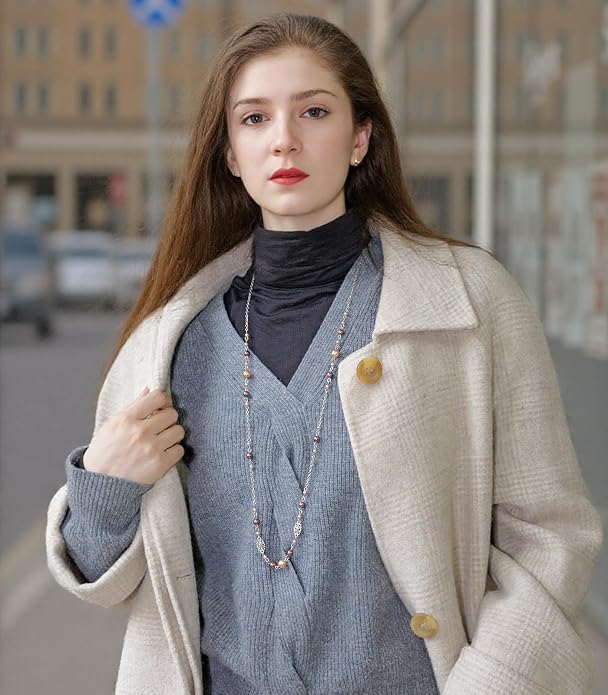 Long Beaded Silver Necklaces for Women Layered Long Statement Necklace with Stone Pearl Beads Double Sweater Chain Costume Jewelry for Women