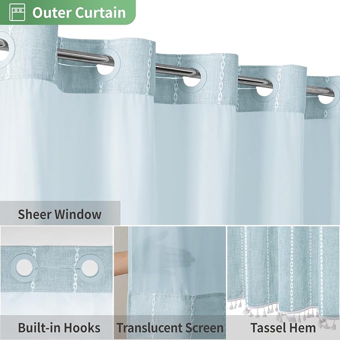 eachope No Hook Long Shower Curtain Set with Snap-in Fabric Liner,Linen Textured Thick Striped Fabric with Tassels,Boho Farmhouse Rustic Luxury Bathroom Curtain,Water-Repellent,Fog Blue,71x80