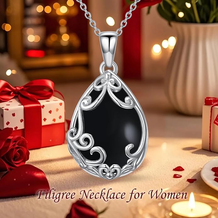 HPQQ Teardrop Necklace 925 Sterling Silver Filigree Gemstone Pendant Necklace Fine Jewelry Birthday Mother's Day Gifts for Women Her Mom