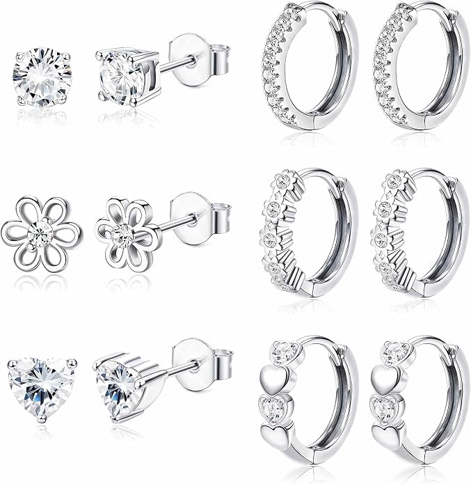 YADOCA 𝟵𝟮𝟱 𝗦𝘁𝗲𝗿𝗹𝗶𝗻𝗴 𝗦𝗶𝗹𝘃𝗲𝗿 Earrings for Girls Women - Hypoallergenic Cute Kids Toddler Earrings - Cubic Zirconia Earrings Studs Hoop Set for Sensitive Ears