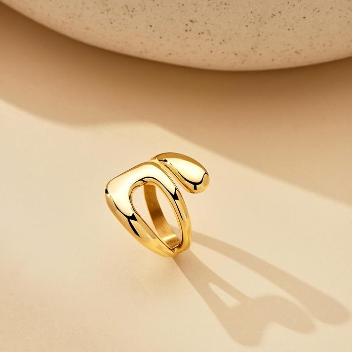 Gelbesty Waterproof Gold Statement Rings for Women, 14K Gold Plated Chunky Open Stackable Rings Non Tarnish Fashion Adjustable Stainless Steel Pinky Knuckle Signet Vintage Ring Jewelry Size 5-11