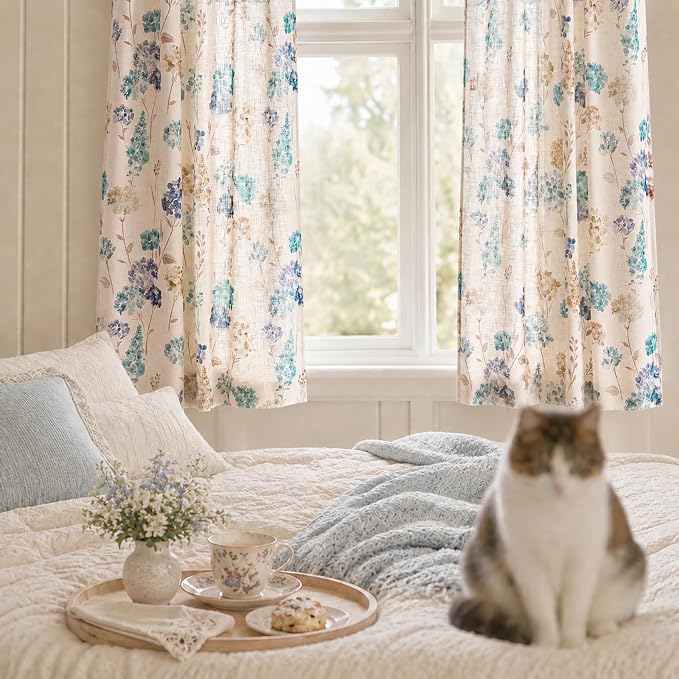 jinchan Floral Linen Curtains 63 Inch Vintage Cottagecore Back Tab 2 Panels | Light filtering drapes, semi sheer, farmhouse, botanical, watercolor, living room, bedroom, rod pocket, window treatment
