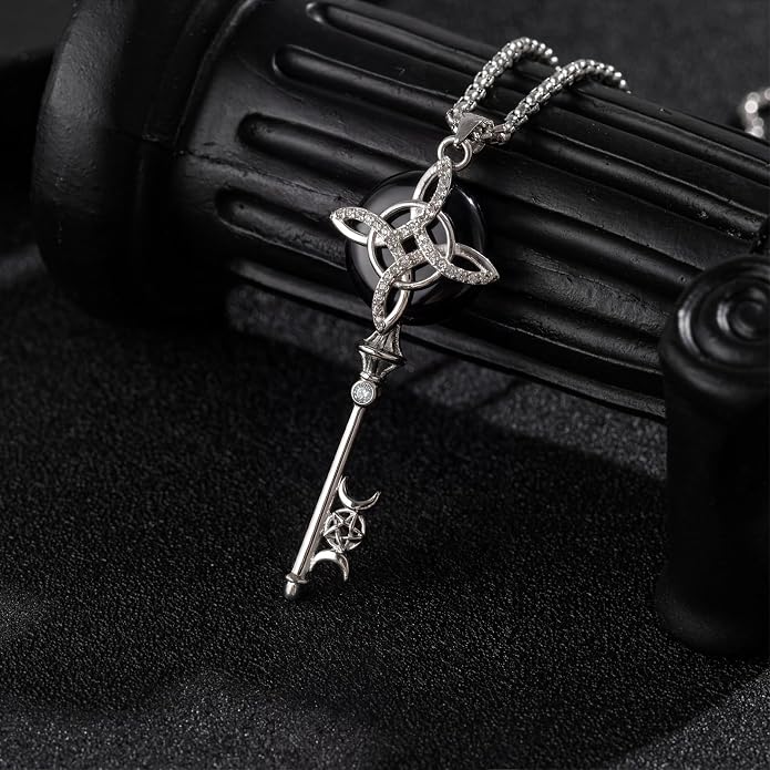 Natural Moonstone Crystal Key Necklace for Women, Retro Triple Moon Key Healing Crystal Wiccan Pagan Jewelry Gift