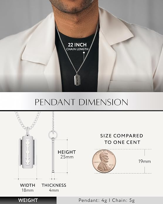 RTZN® Pendant Necklace for Men – Premium Stainless Steel Silver Pendant Necklace with 22" Chain – Waterproof & Non-Tarnish Small Pendants for Men – Bold Symbols of Strength & Legacy